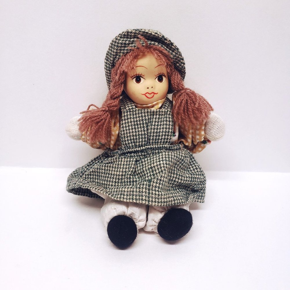 Vintage Doll Bisque Porcelain Head Sand Filled Body Girl Yarn Hair Big Eyes